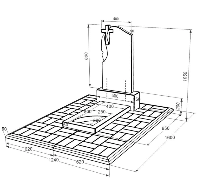 Розміри Пам'ятник надгробок із граніту з вирізаним куточком одинарний із чорного граніту Коростишів к9-kor-npf-80-40-05-142-pbd1