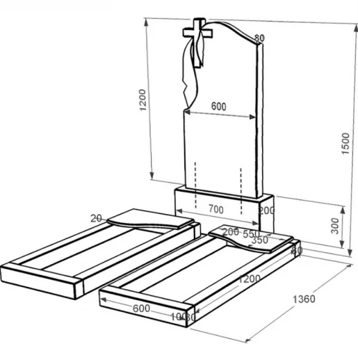 Размеры Надгробие из гранита на двоих из черного гранита Коростышев с волной резное к16-kor-pf-120-60-08-142