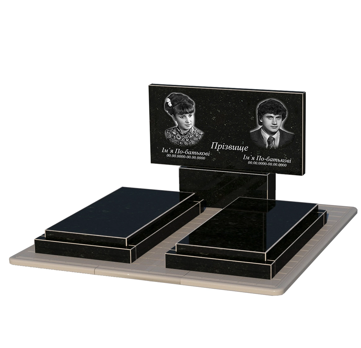 Основне Гранітний пам'ятник широкий подвійний із чорного граніту Коростишів без різьблених робіт к21-kor-npf-60-120-08-001-pbd3