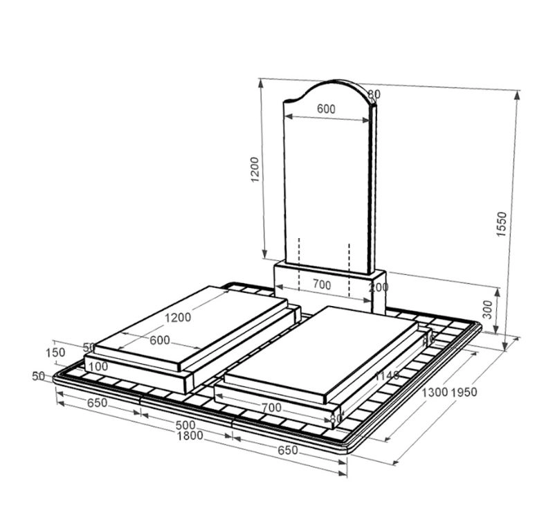 Розміри Гранітний пам'ятник високий подвійний із чорного граніту Коростишів з хвилею різьблений к21-kor-npf-120-60-08-011-r-pbd3