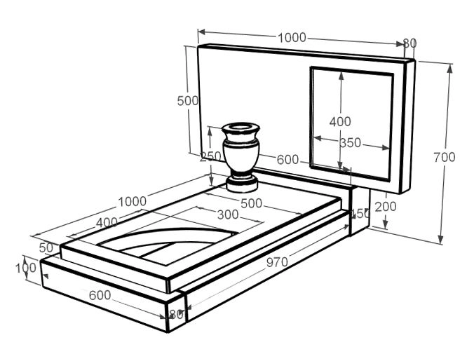 Розміри Мармуровий пам'ятник висотою 70 см одинарний з мармуру Дайна з вирізаним куточком к24-dan-pf-50-100-05-001