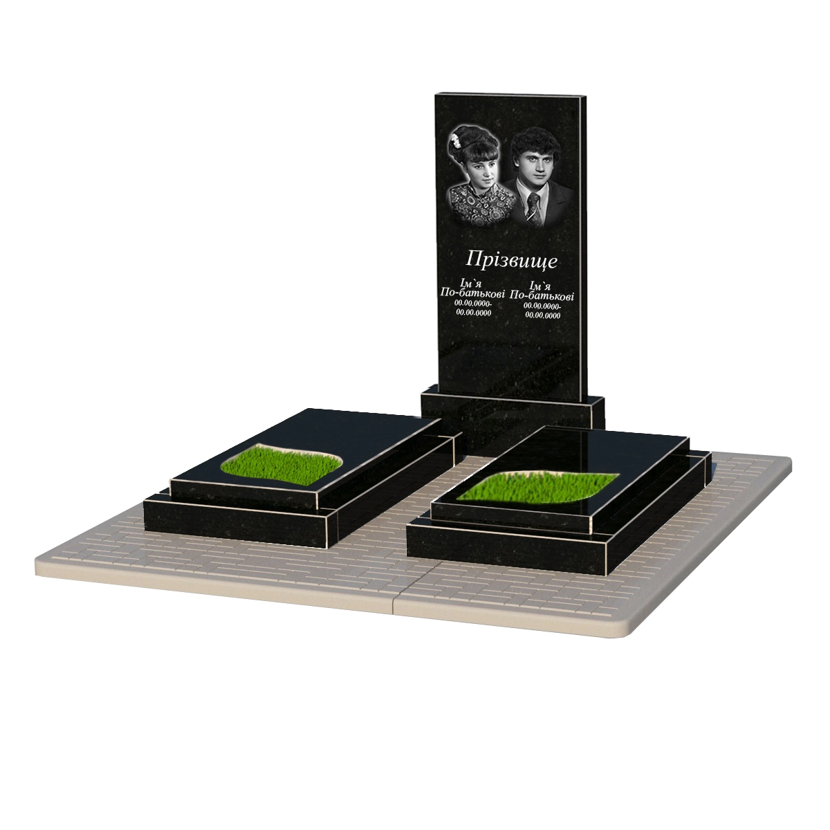Основное Гранитный памятник с бетонной плитой двойной из черного гранита Коростышев с листом резная работа к24-kor-npf-100-50-08-001-pbd2