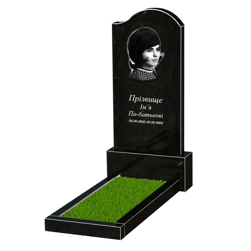Основне Гранітний пам'ятник з декоруванням штучною травою одинарний із чорного граніту Коростишів з хвилею різьблений к1-kor-npf-120-60-08-011-r