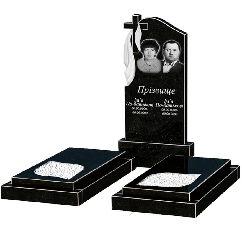 Основне Гранітний пам'ятник чорного кольору подвійний із чорного граніту Коростишів з листом різьблена робота к22-kor-npf-100-50-08-142