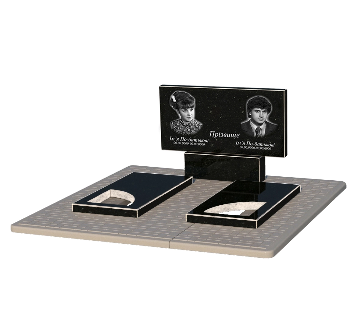 Портрет и надписи Памятник из гранита с надгробной плитой двойной из черного гранита Коростышев с вырезанным уголком к18-kor-npf-50-100-08-001-pbd2
