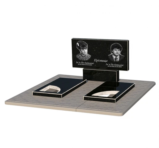 Портрет і написи Пам'ятник із граніту з надгробною плитою подвійний із чорного граніту Коростишів з вирізаним куточком к18-kor-npf-50-100-08-001-pbd2