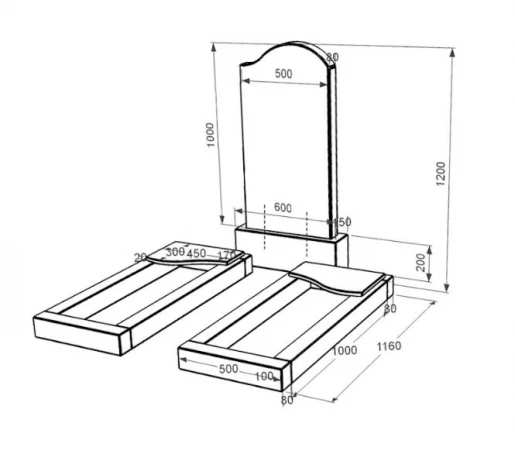 Размеры Памятник из гранита с полированными фасками двойной из черного гранита Коростышев с волной резной к16-kor-pf-100-50-08-011-r