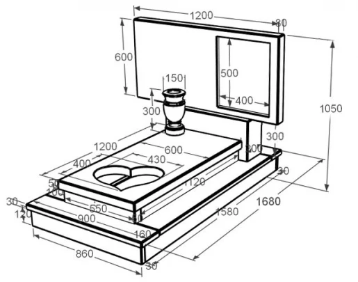 Размеры Памятник из мрамора горизонтальный одинарный из мрамора Дайна с сердцем резная работа к11-dan-pf-60-120-08-001-ck