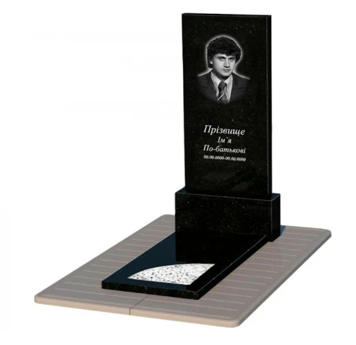 Гранітний пам'ятник з вирізаним куточком одинарний із чорного граніту Коростишів к9-kor-pf-120-60-08-001-pbd3