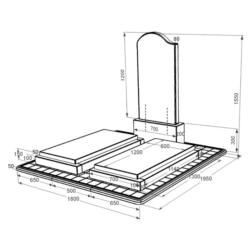 Розміри Гранітний пам'ятник з протиусадковою плитою подвійний із чорного граніту Коростишів з хвилею різьблений к21-kor-npf-120-60-08-011-l-pbd3
