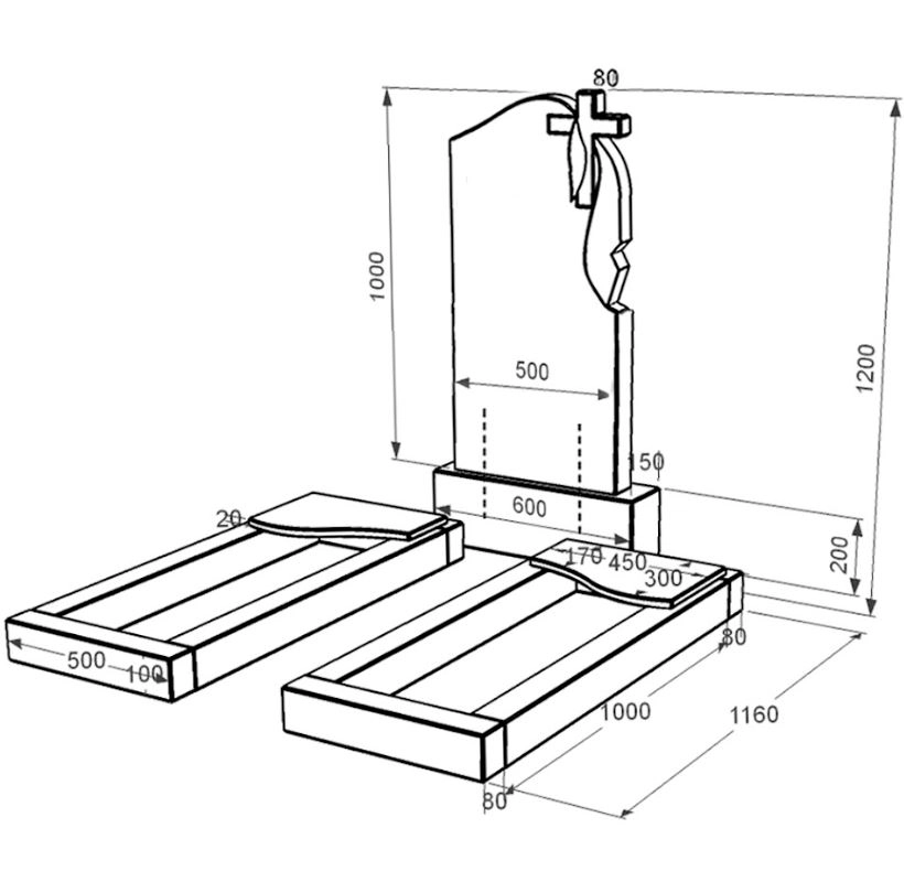 Размеры Гранитный памятник производство Украина двойной из черного гранита Коростышев с волной резной к16-kor-pf-100-50-08-142-r