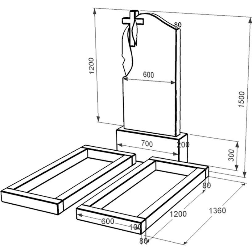 Розміри Пам'ятник із граніту з плащаницею та хрестом різьбленої форми подвійний із чорного граніту Коростишів к14-kor-npf-120-60-08-142