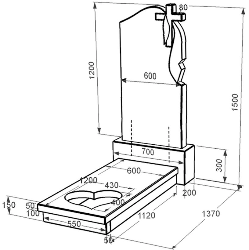 Розміри Гранітний пам'ятник з серцем різьблена робота одинарний із чорного граніту Коростишів к11-kor-npf-120-60-08-142-r