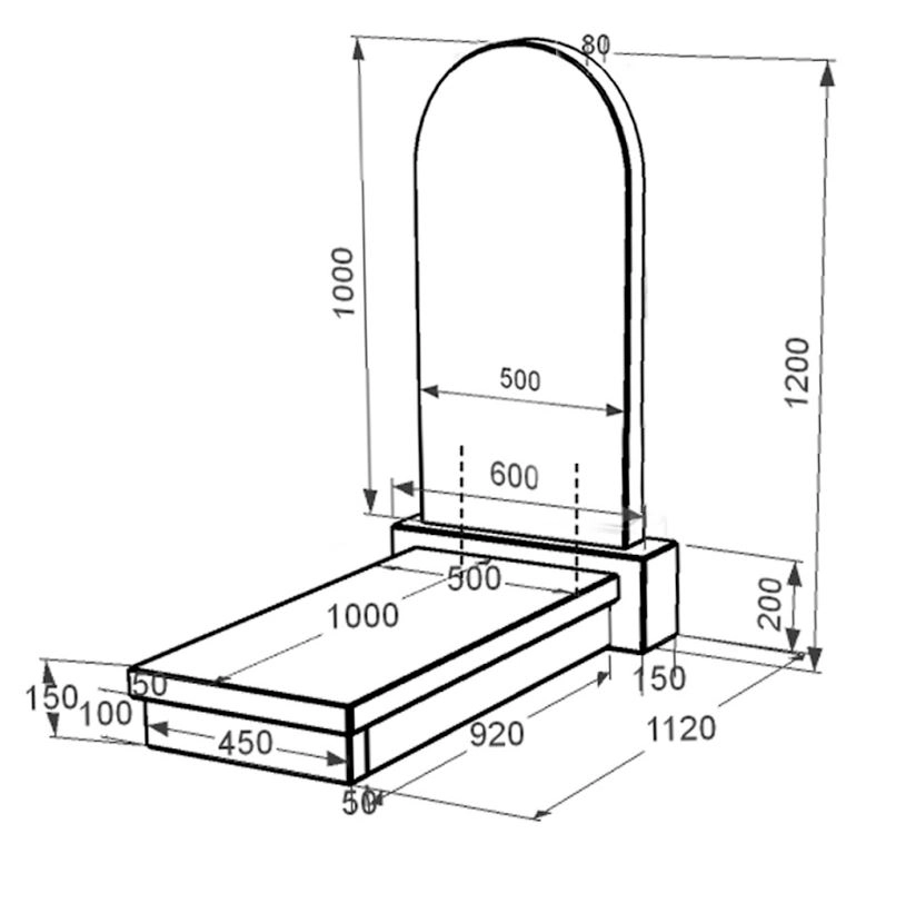 Розміри Гранітний пам'ятник з полукруглою стелою одинарний із чорного граніту Коростишів к10-kor-npf-100-50-08-006