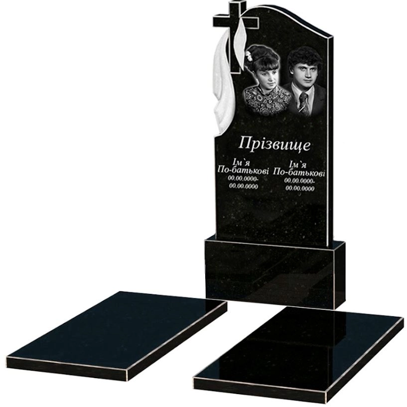 Основне Гранітний пам'ятник з плащаницею та хрестом різьбленої форми подвійний із чорного граніту Коростишів к17-kor-npf-120-60-08-142