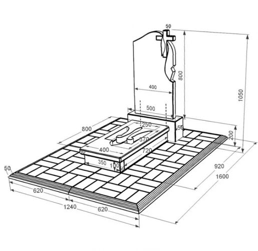 Размеры Надгробие из гранита с бетонной плитой одинарное из черного гранита Коростышев с Трезубом вырезанным к8-kor-pf-80-40-08-142-r-pbd1