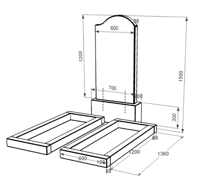 Розміри Пам'ятник з граніту з квітником без плити подвійний із чорного граніту Коростишів з хвилею різьбленою к14-kor-npf-120-60-08-011-r