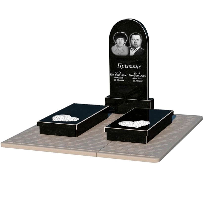 Основное Гранитный памятник с двумя надгробиями двойной из черного гранита Коростышев с сердцем резная работа к20-kor-npf-100-50-08-006-pbd2