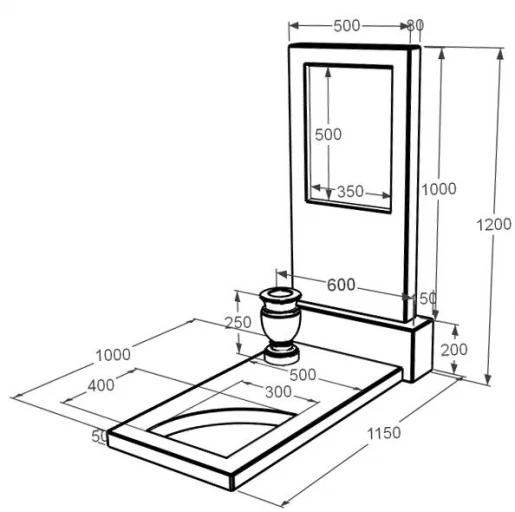 Розміри Мармуровий пам'ятник висотою 120 см одинарний з білого мармуру Волокас з вирізаним куточком к9-vol-pf-100-50-08-001