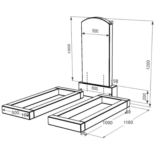 Размеры Памятник из гранита с вертикальным уровнем установки стелы двойной из черного гранита Коростышев с дугой резной к14-kor-pf-100-50-08-009