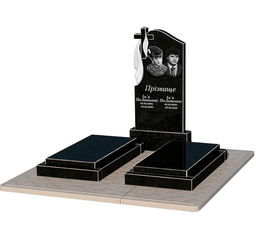 Основное Надгробие из гранита с крестом резной двойной из черного гранита Коростышев с плащаницей резной к21-kor-npf-100-50-08-142-pbd2