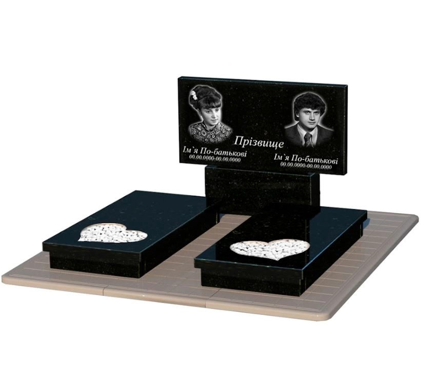 Основное Памятник на могилу из гранита черного цвета двойной из гранита Коростышев с сердцем резная работа к20-kor-pf-60-120-08-001-pbd3