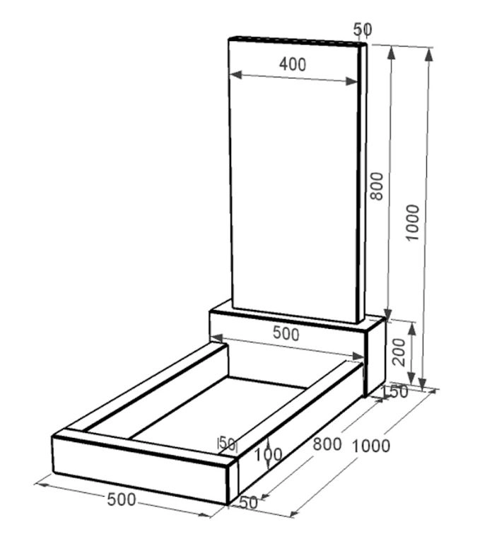 Розміри Гранітний пам'ятник висотою 100 см одинарний із чорного граніту Коростишів без різьблених робіт к2-kor-pf-80-40-05-001