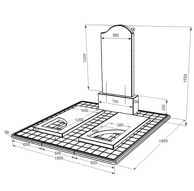 Размеры Гранитный памятник с надгробной плитой двойной из черного гранита Коростышев с вырезанным уголком к18-kor-npf-120-60-08-011-r-pbd3