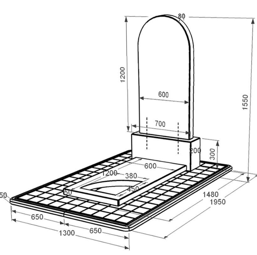 Розміри Надгробний пам'ятник із граніту з вирізаним куточком одинарний із чорного граніту Коростишів к9-kor-npf-120-60-08-006-pbd3