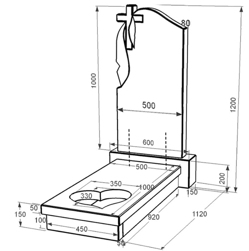Розміри Гранітний пам'ятник на могилу з серцем різьблена робота одинарний із чорного граніту Коростишів к11-kor-pf-100-50-08-142