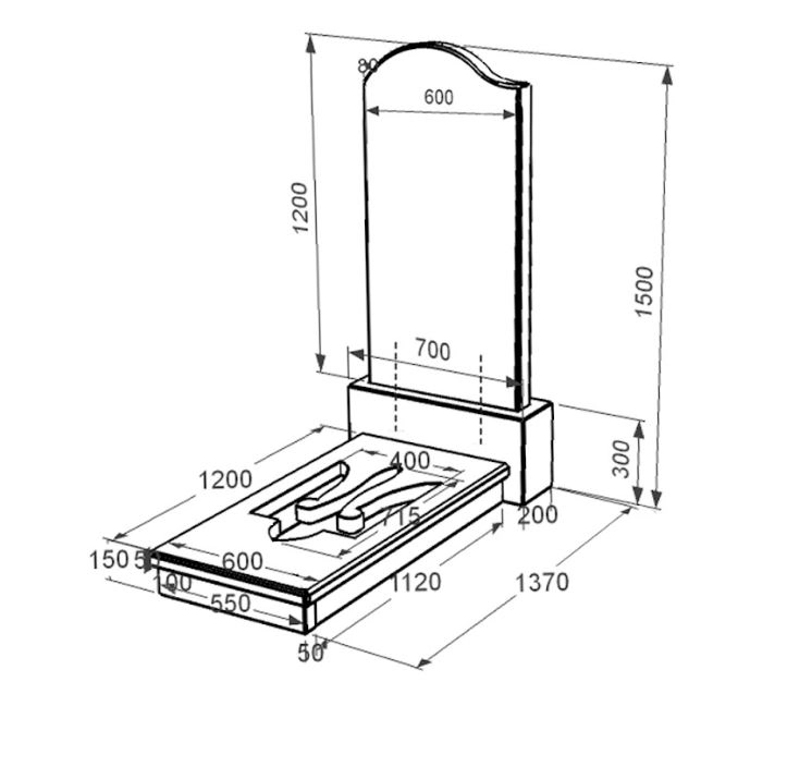 Розміри Пам'ятник із граніту з Тризубом вирізаним одинарний із чорного граніту Коростишів к8-kor-pf-120-60-08-011-l