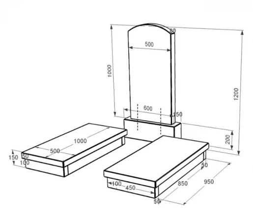 Размеры Двойной памятник из гранита из черного гранита Коростышев с дугой резной к19-kor-pf-100-50-08-009