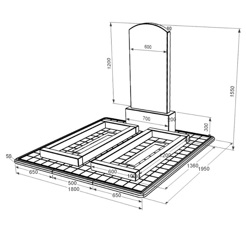 Размеры Памятник на кладбище из гранита с цветником без плиты с дугой резной из черного гранита Коростышев Дуга 009 к14-kor-pf-120-60-08-009-pbd3