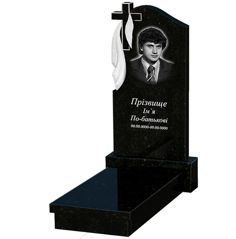 Основне Надгробний пам'ятник із граніту з хрестом різьблений одинарний із чорного граніту Коростишів з плащаницею різьблений к10-kor-pf-100-50-08-142