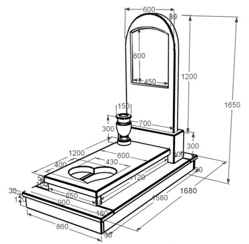 Размеры Мраморный памятник православный из мрамора Дайна с сердцем резная работа к11-dan-pf-120-60-08-006-ck