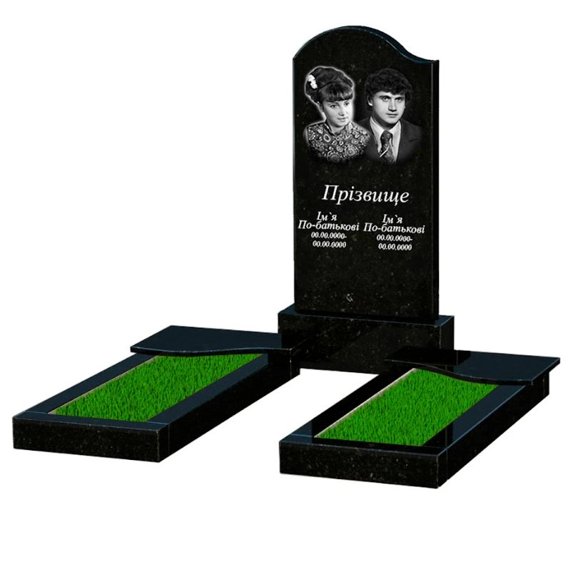 Основне Пам'ятник із граніту з 2 надгробками подвійний із чорного граніту Коростишів з хвилею різьблений к15-kor-pf-100-50-08-011-l