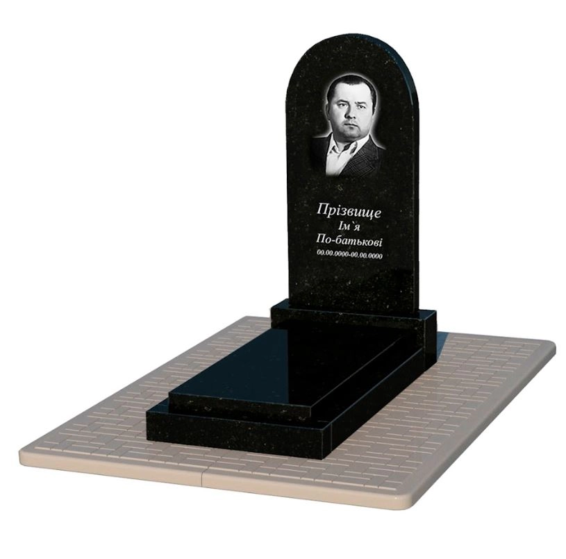 Основне Пам'ятник із граніту з протиусадковою плитою одинарний із чорного граніту Коростишів з полукруглою стелою к12-kor-pf-100-50-08-006-pbd2