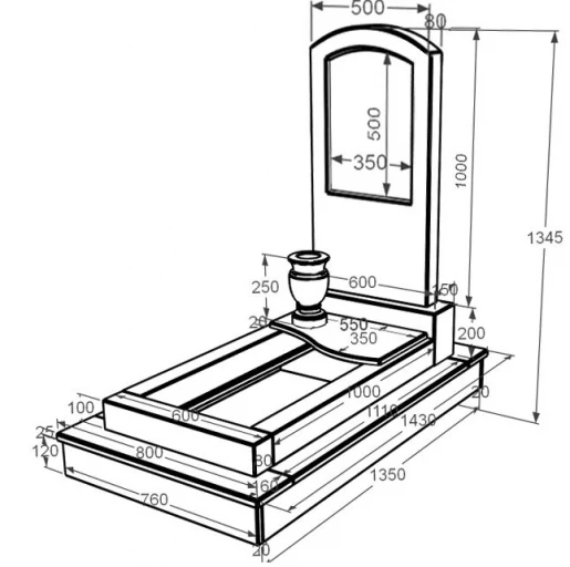 Розміри Мармуровий пам'ятник з квітником одинарний з білого мармуру Волокас з хвилею різьблений к5-vol-pf-100-50-08-009-ck