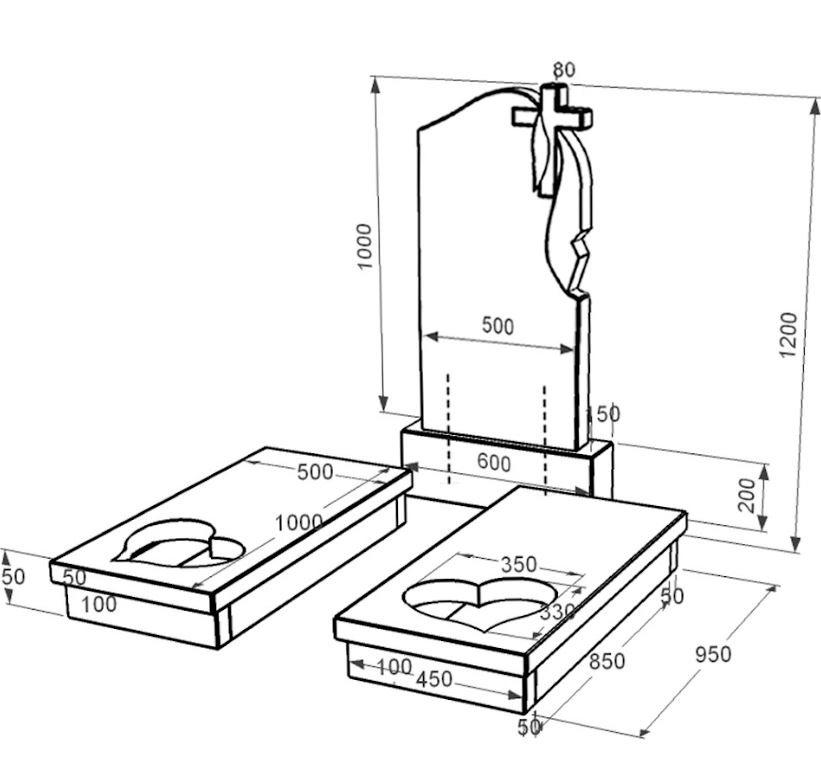 Розміри Гранітний пам'ятник з серцем різьблена робота подвійний із чорного граніту Коростишів к20-kor-pf-100-50-08-142-r