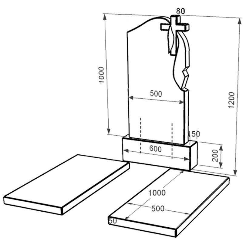 Розміри Гранітний пам'ятник на могилу подвійний із чорного граніту Коростишів з хрестом та плащаницею різьблений к17-kor-pf-100-50-08-142-r