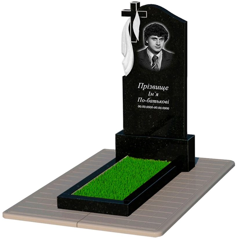 Основне Гранітний пам'ятник висотою 150 см одинарний із чорного граніту Коростишів з хрестом та плащаницею різьблений к1-kor-pf-120-60-08-142-pbd3