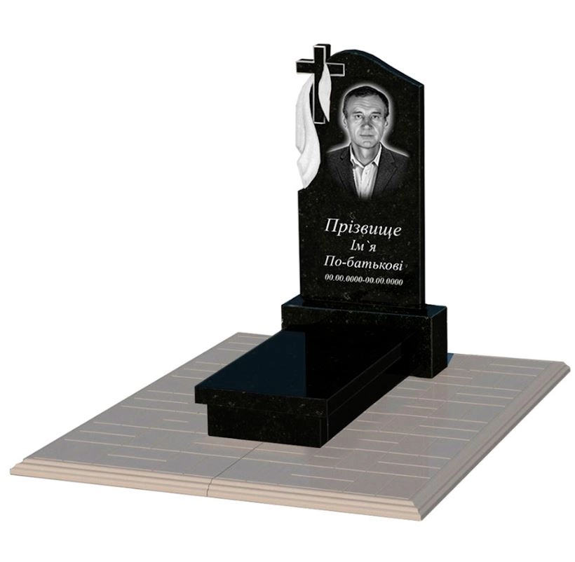 Основне Гранітний пам'ятник з хрестом різьблений одинарний із чорного граніту Коростишів з плащаницею різьблений к10-kor-pf-80-40-05-142-pbd1