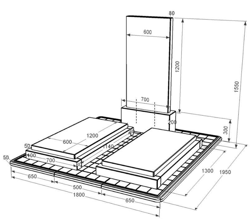 Розміри Гранітний пам'ятник без різьблених робіт подвійний із чорного граніту Коростишів к21-kor-pf-120-60-08-001-pbd3