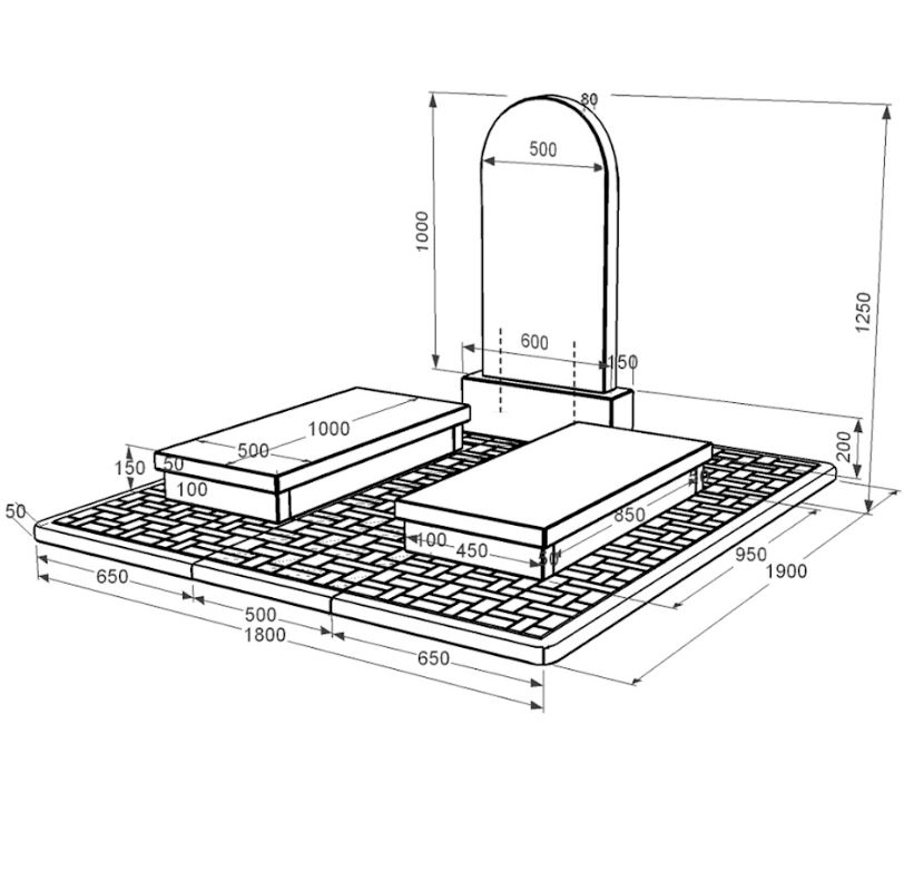 Розміри Гранітний камінь на могилу чорний Коростишев подвійний з полукруглою стелою к19-kor-npf-100-50-08-006-pbd2