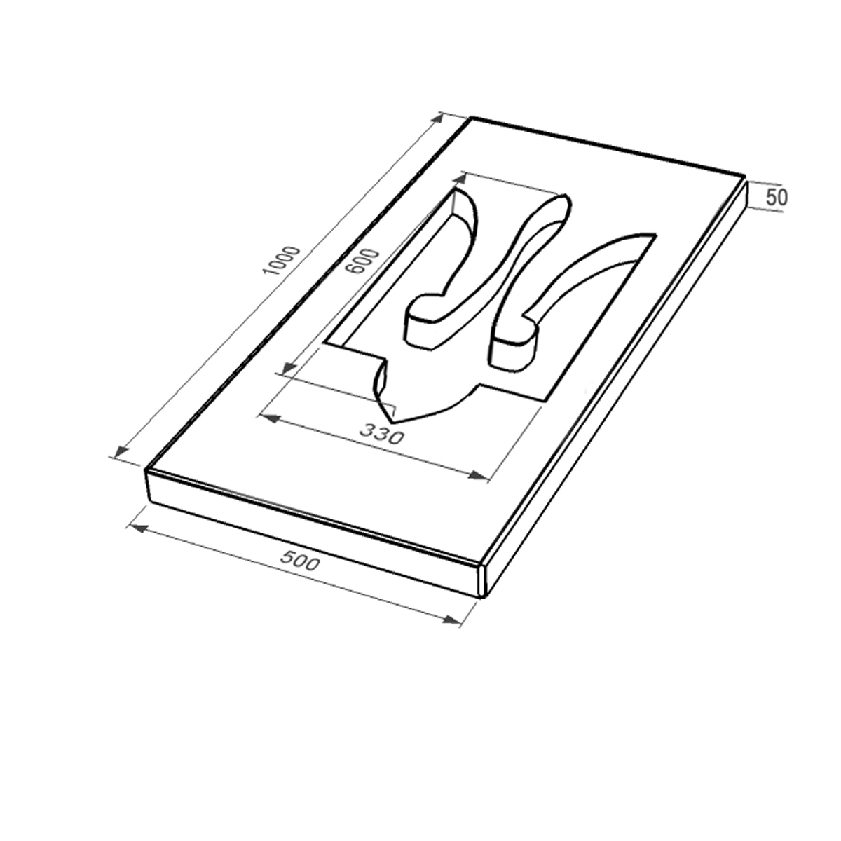 Розміри Надгробкова плита (замість квітника) чорного кольору з граніту плита Тризуб із неполірованими фасками Коростишівського кар'єру праві pl-kor-npf-pt-100-50-05-TRIZUB
