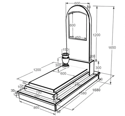 Розміри Пам'ятник із мармуру з полукруглою стелою одинарний з білого мармуру Волокас к12-vol-pf-120-60-08-006-ck
