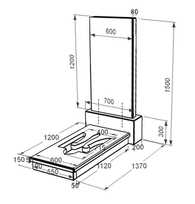 Розміри Гранітний пам'ятник на кладовище з Тризубом резним одинарний із чорного граніту Коростишів к8-kor-pf-120-60-08-001