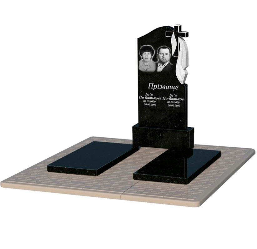 Основне Гранітний пам'ятник вертикальний подвійний із чорного граніту Коростишів з хрестом та плащаницею різьблений к17-kor-pf-100-50-08-142-r-pbd2
