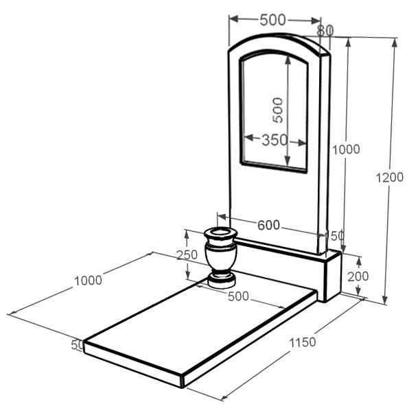Розміри Мармуровий пам'ятник у формі дуги одинарний з білого мармуру Волокас к7-vol-pf-100-50-08-009