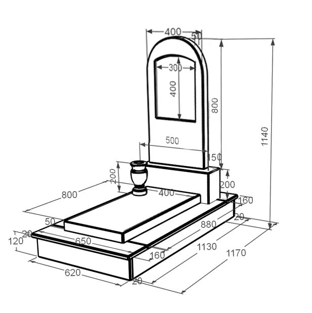 Розміри Мармуровий пам'ятник на цвинтар з надгробною плитою одинарний з білого мармуру Волокас з полукруглою стелою к7-vol-pf-80-40-05-006-ck